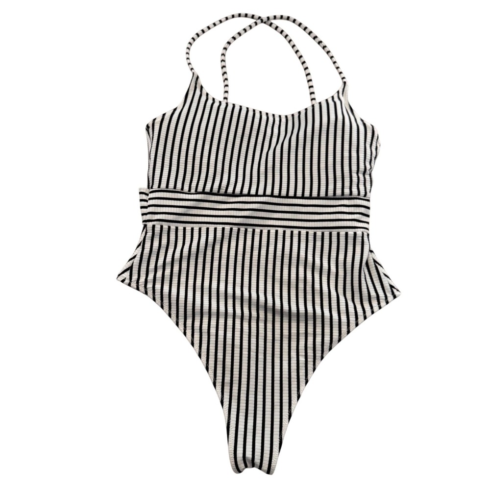 Shade & Shore Black White Striped Ribbed High Cut Cutout One Piece Swimsuit Sz M